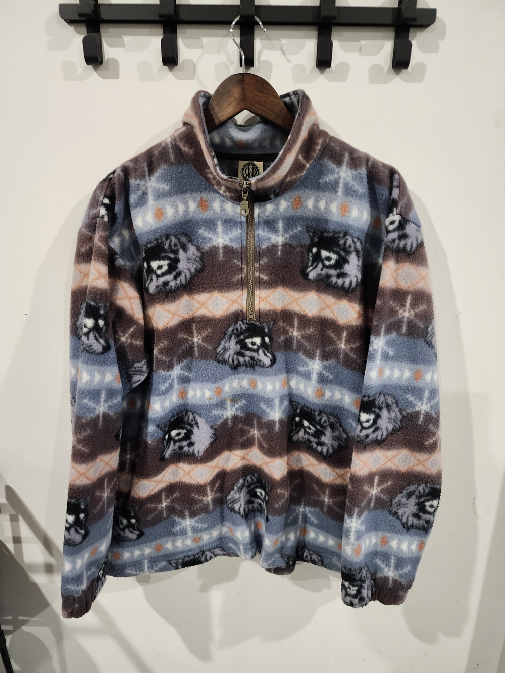Vintage Men's Quarter Zip-Up Fleece Pullover - Brown & Light Blue Wolf Pattern
